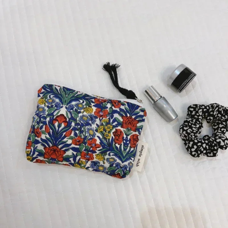 Fresh Floral Print Cotton Lipstick Purse Mini Storage Small Cloth Bag Headphone Bag Travel Cosmetic Pouch Make Up Storage Bag