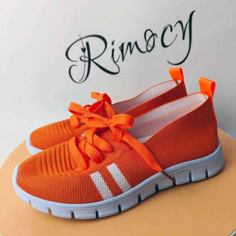 Lightweight Women Casual Shoes Mesh Breathable Casual Sneakers Woman Striped Knitted Flats Comfortable Walking Shoes Plus Size