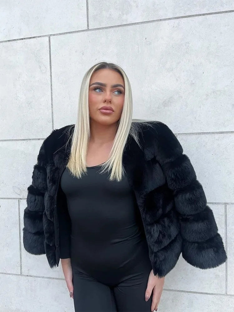 Fur Faux Jacket Women Coat Elegant Round Neck Long Sleeve Furry Female Coats 2024 Winter Fashion Lady Warm Solid Streetwears