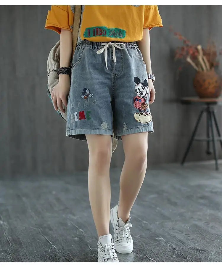 Fashion Korean High Waist Embroidery Denim Shorts for Female Summer Casual Pockets Spliced Loose Wide Leg Pants Women's Clothing