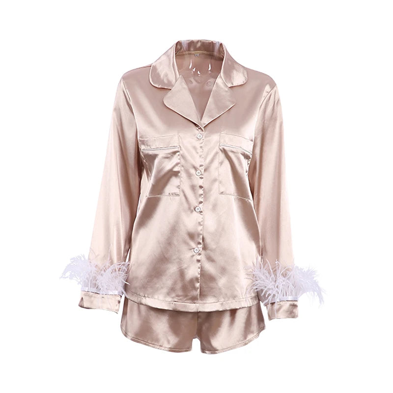 Women 2PCS Pajamas Patchwork Feather Cuffs Solid Color Long Sleeve Lapel Button Shirt with Short Pants Loose Loungewear Outfits
