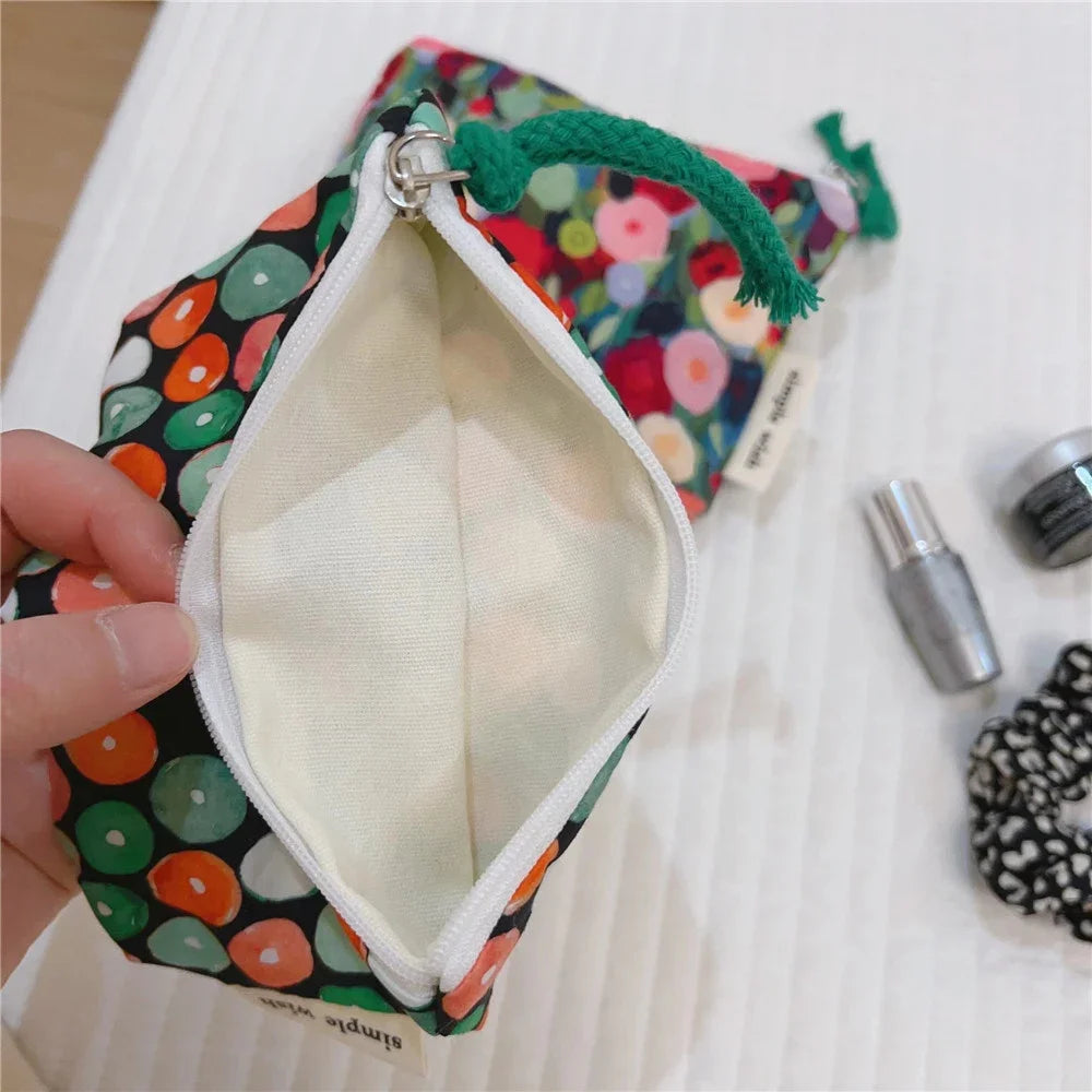 Fresh Floral Print Cotton Lipstick Purse Mini Storage Small Cloth Bag Headphone Bag Travel Cosmetic Pouch Make Up Storage Bag
