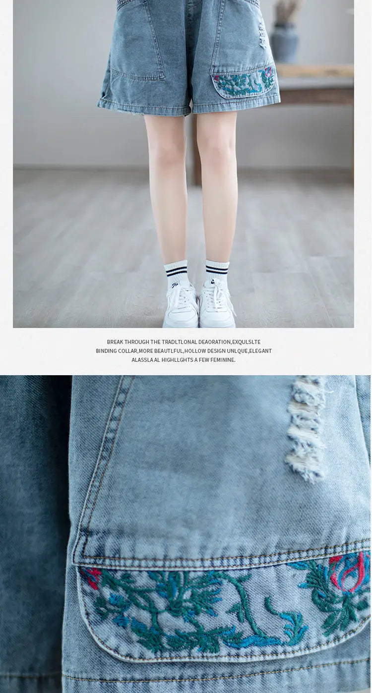Fashion Korean High Waist Embroidery Denim Shorts for Female Summer Casual Pockets Spliced Loose Wide Leg Pants Women's Clothing