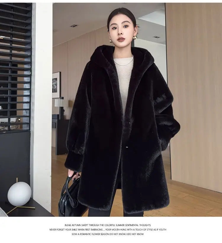 Faux Mink Fur Coat for Women,Covered Button Jackets,Hooded Overcoat,Female Clothes,Thicken Warm,Winter,New, 2025