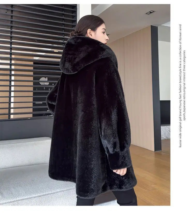 Faux Mink Fur Coat for Women,Covered Button Jackets,Hooded Overcoat,Female Clothes,Thicken Warm,Winter,New, 2025