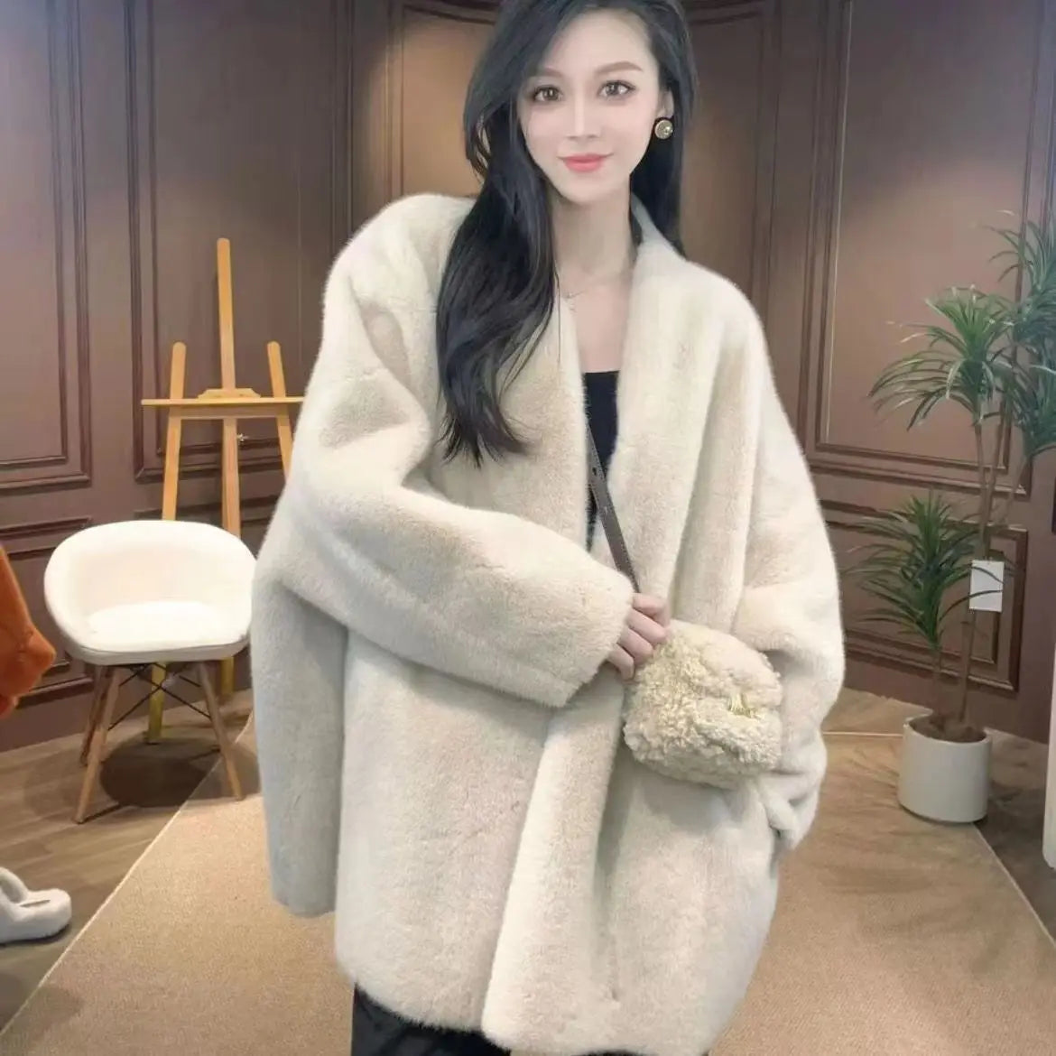Faux Mink Fur Coat for Women, Open Stitch Jacket,V-Neck Outwear,Thick Furry,Autumn and Winter,New,2024
