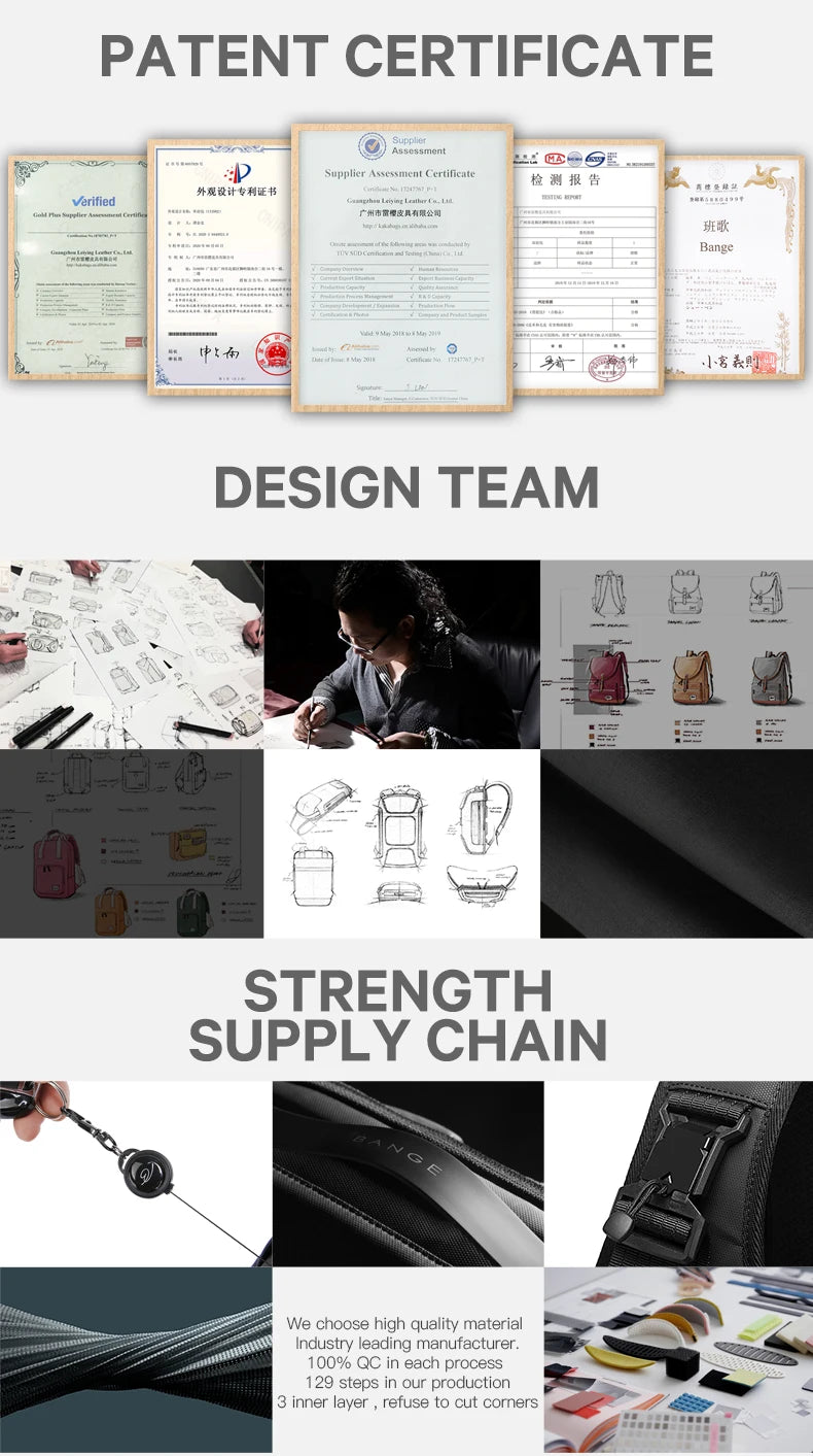 BANGE New Casual Multi-Pockets Big Capacity Daily 15.6inch Laptop Light Waterproof For Business Trip Roomy Men Backpack with YKK