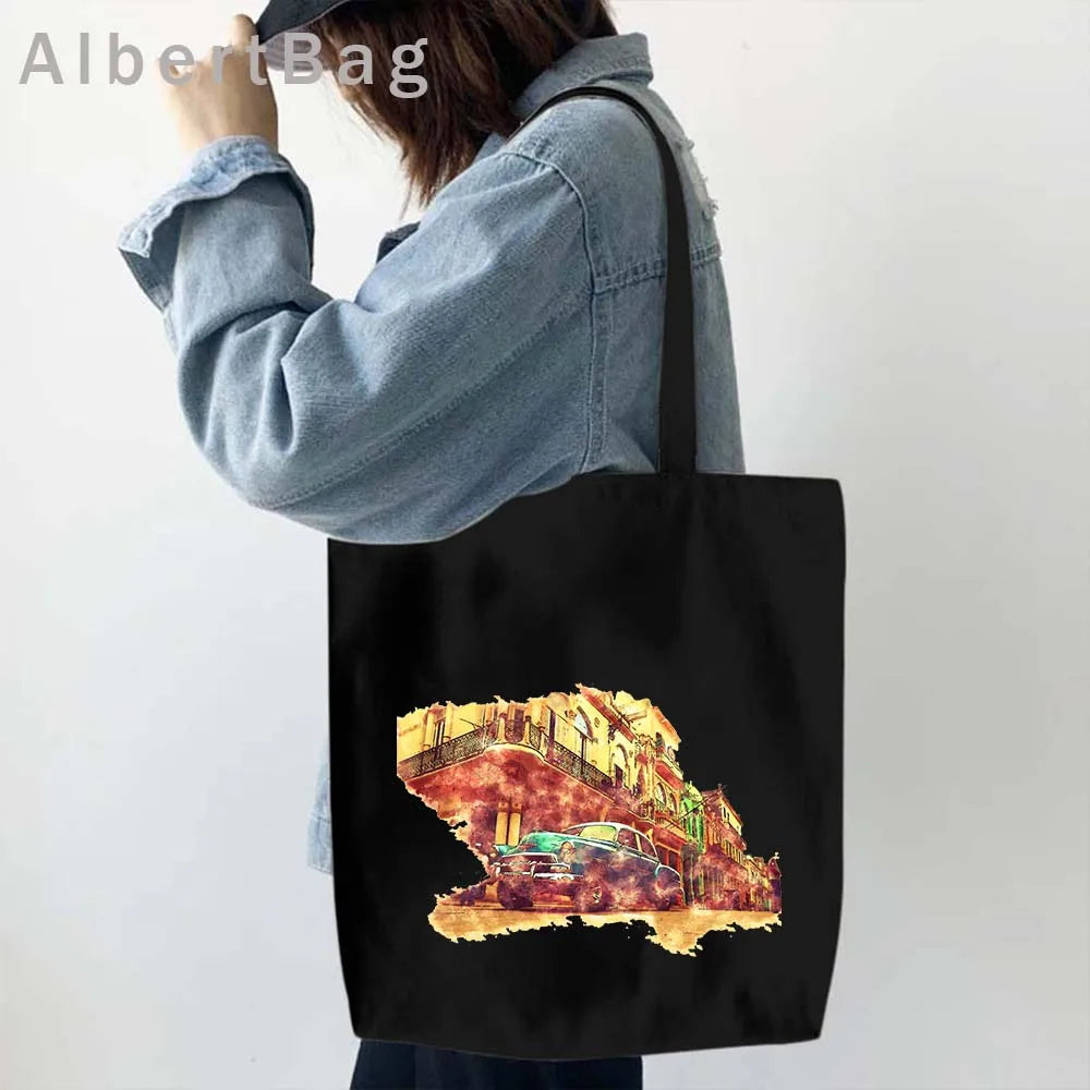 Cuba Country Map Flag Havana Travel Cuban Watercor Shopper Harajuku Canvas Totes Bag Cubana Girl Gift Love Heart Cotton Handbags
