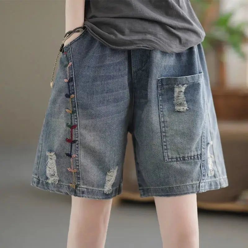 Fashion Korean High Waist Embroidery Denim Shorts for Female Summer Casual Pockets Spliced Loose Wide Leg Pants Women's Clothing