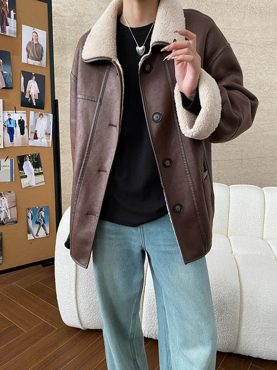 [LANMREM] Faux Fur Thick Warm Coats Lapel Single Breasted Office Lady Elegant Female Outwear Fashion 2025 Winter New 26C1095