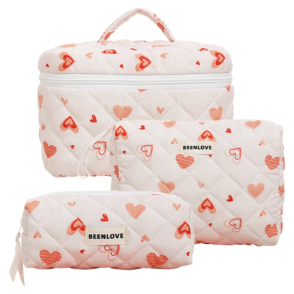 3pcs Aesthetic Cosmetic Organizer Set Quilted Cotton Sweet  Women Makeup Pouch Cherry/Heart Pattern Skincare Clutch Toiletry Bag
