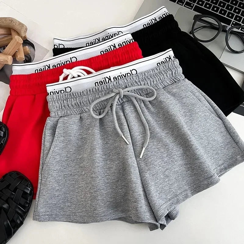High Waist Drawstring Elastic Shorts Casual Sports Hot Pants Women's Summer New Letter Print Slimming Fake Two-Piece Pants