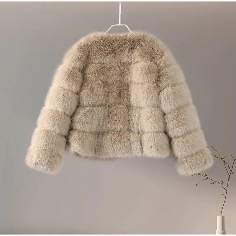 Fur Faux Jacket Women Coat Elegant Round Neck Long Sleeve Furry Female Coats 2024 Winter Fashion Lady Warm Solid Streetwears