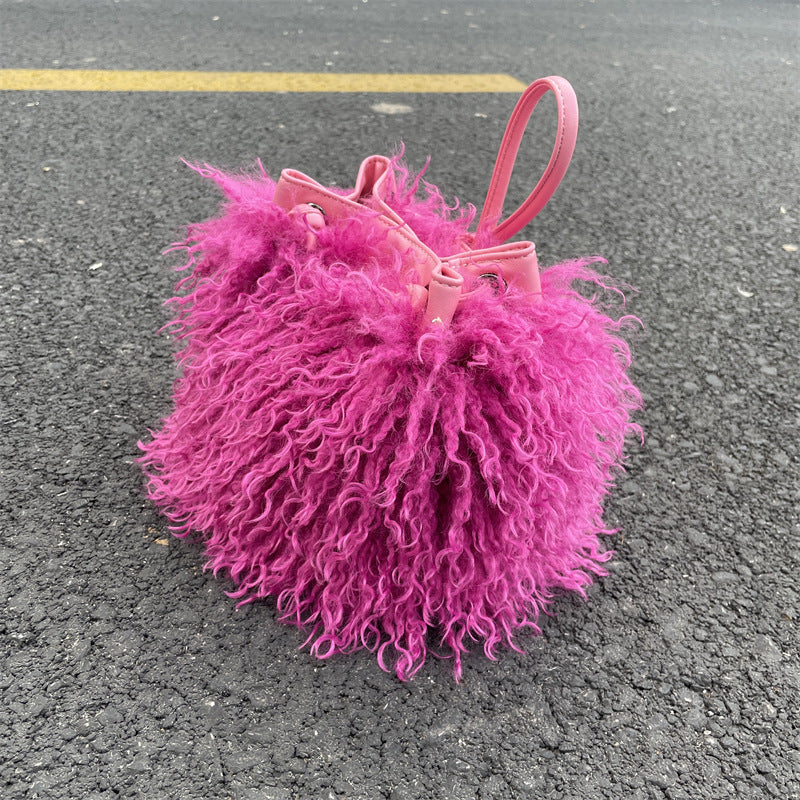 Luxury Colorful Tassels Furry Drawstring Bucket Bag Women Plush Handbag Harajuku Street Punk Y2k Hot Girls Faux Fur Shoulder Bag