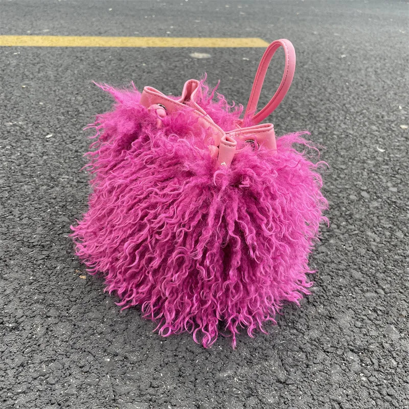 Luxury Colorful Tassels Furry Drawstring Bucket Bag Women Plush Handbag Harajuku Street Punk Y2k Hot Girls Faux Fur Shoulder Bag