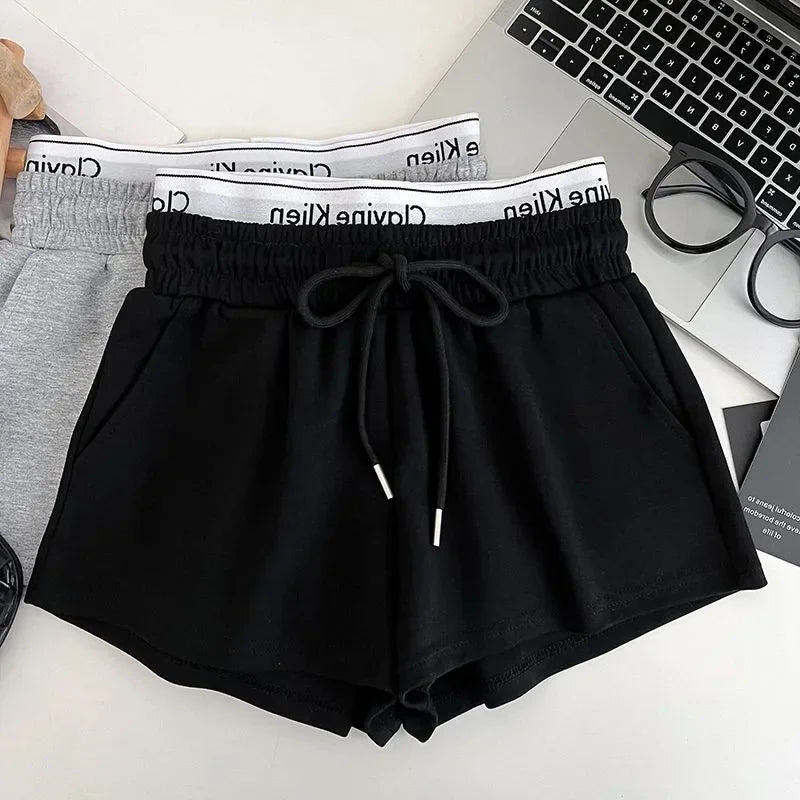 High Waist Drawstring Elastic Shorts Casual Sports Hot Pants Women's Summer New Letter Print Slimming Fake Two-Piece Pants