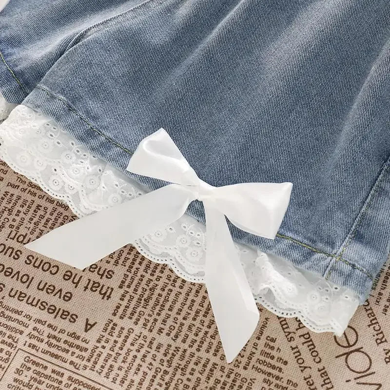 Japanese Preppy Style Bow Lace Patchwork Y2k Shorts Women Summer Straight Hotsweet High Waist Denim Short Pants Ruched