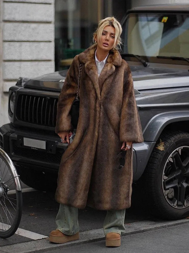 Vintage Long Fur Coat Cardigan Deep Brown Loose Classic Faux Fur Elegant Women Trench Overcoat Jacket Winter Plush Outwear Top