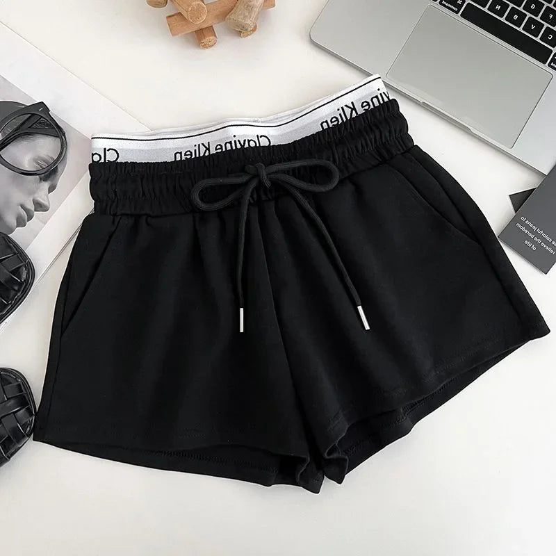 High Waist Drawstring Elastic Shorts Casual Sports Hot Pants Women's Summer New Letter Print Slimming Fake Two-Piece Pants