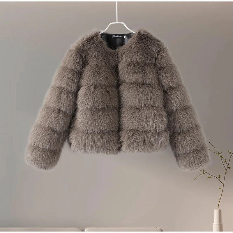 Fur Faux Jacket Women Coat Elegant Round Neck Long Sleeve Furry Female Coats 2024 Winter Fashion Lady Warm Solid Streetwears