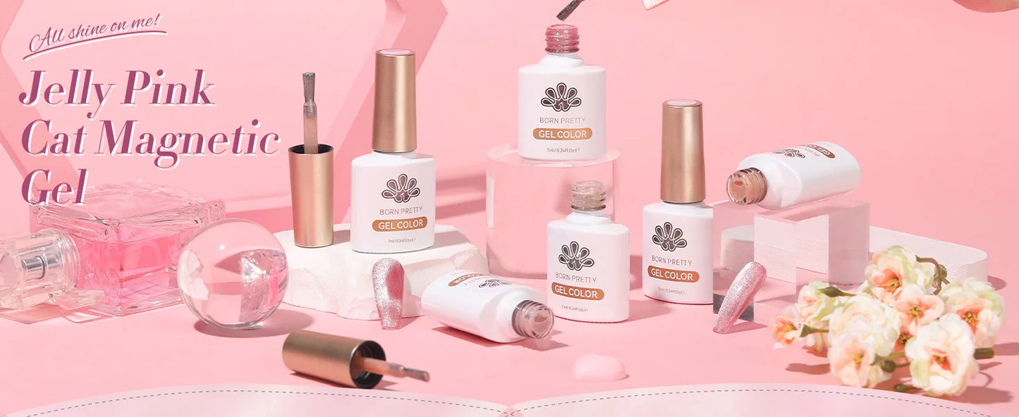 BORN PRETTY 6PCS Pink Ocean Cat Nail Gel Polish Set With Magnet Stick Jelly Holographics Magnetic Nail Kit Salon Art Manicure