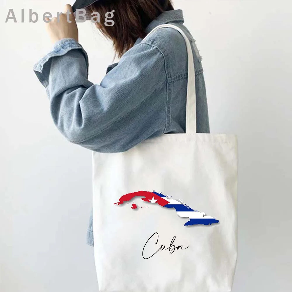 Cuba Country Map Flag Havana Travel Cuban Watercor Shopper Harajuku Canvas Totes Bag Cubana Girl Gift Love Heart Cotton Handbags