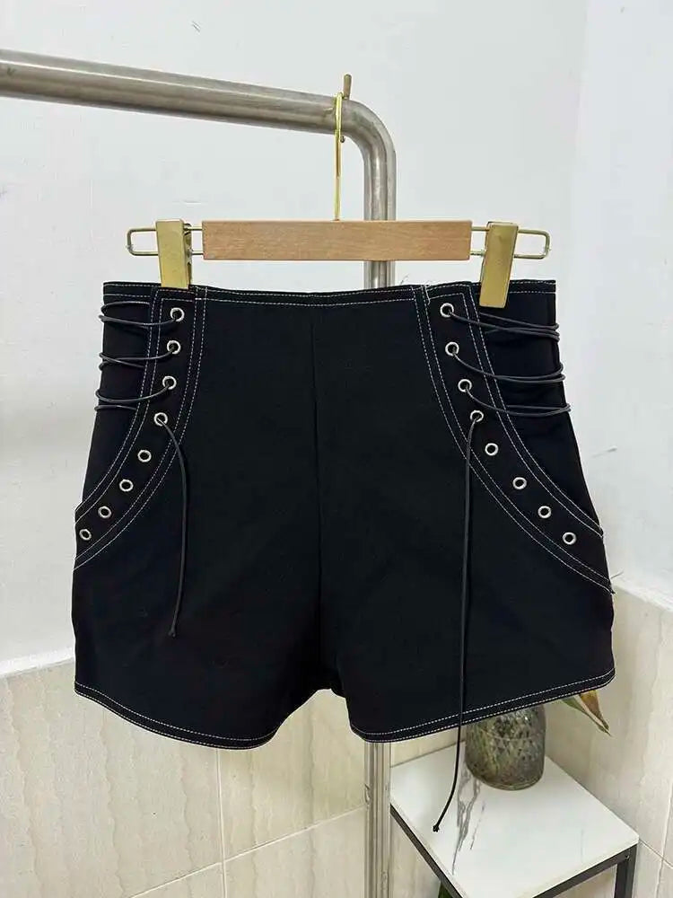 DEAT Women's Fashion High Waist Zipper Design Shorts Trendy Casual A-line Side Straps Short Pants Female Spring New 11A02658