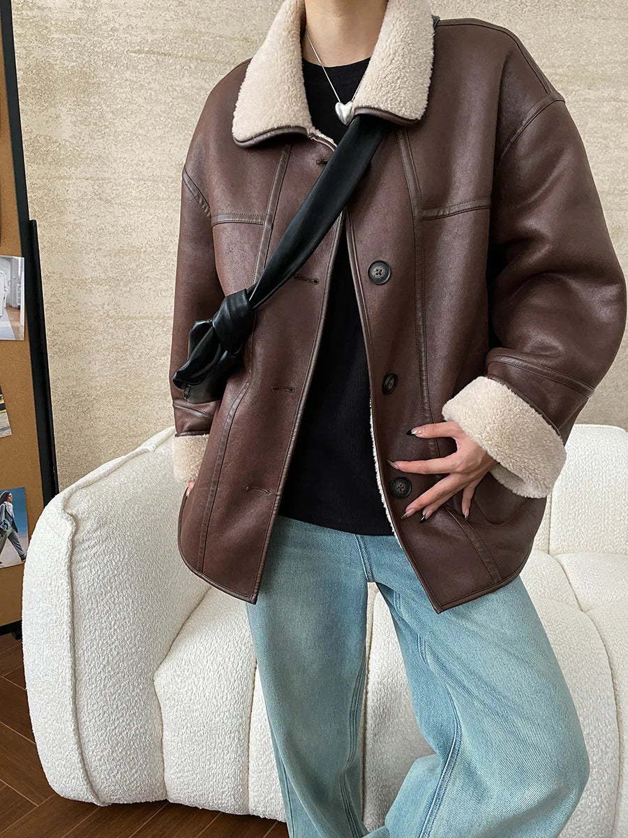 [LANMREM] Faux Fur Thick Warm Coats Lapel Single Breasted Office Lady Elegant Female Outwear Fashion 2025 Winter New 26C1095