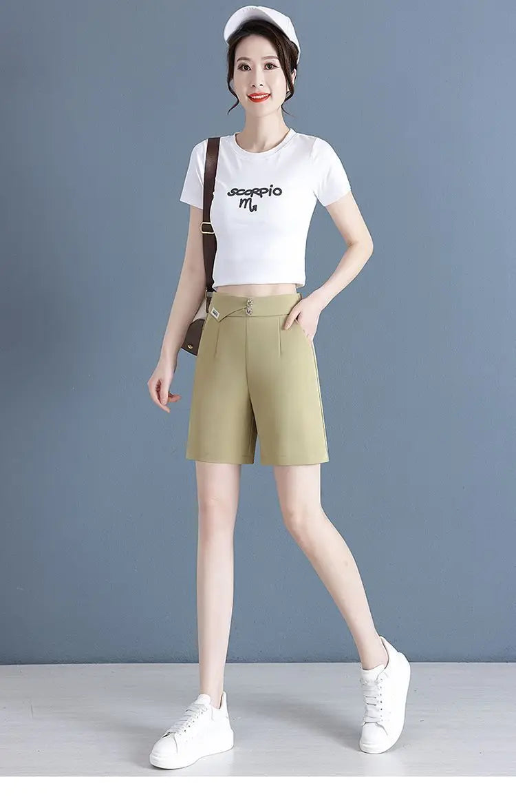 Women Korean Fashion Elegant High Waist Slim Straight Short Pants 2024 Summer Office Lady Chic Commute Casual Black White Shorts