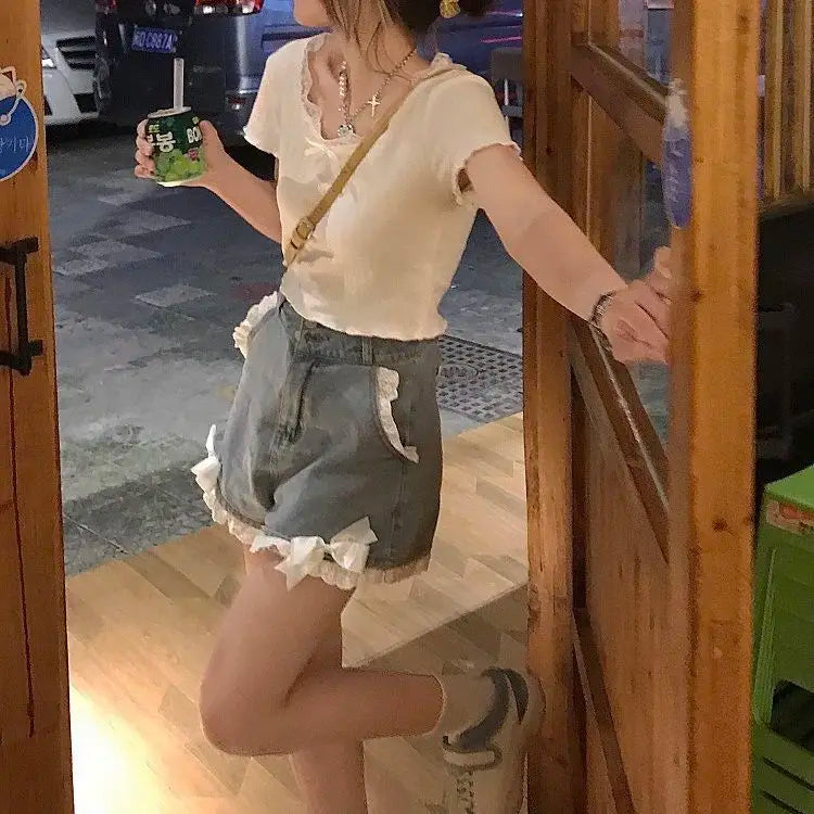 Japanese Preppy Style Bow Lace Patchwork Y2k Shorts Women Summer Straight Hotsweet High Waist Denim Short Pants Ruched