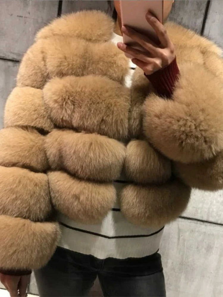 Fur Faux Jacket Women Coat Elegant Round Neck Long Sleeve Furry Female Coats 2024 Winter Fashion Lady Warm Solid Streetwears