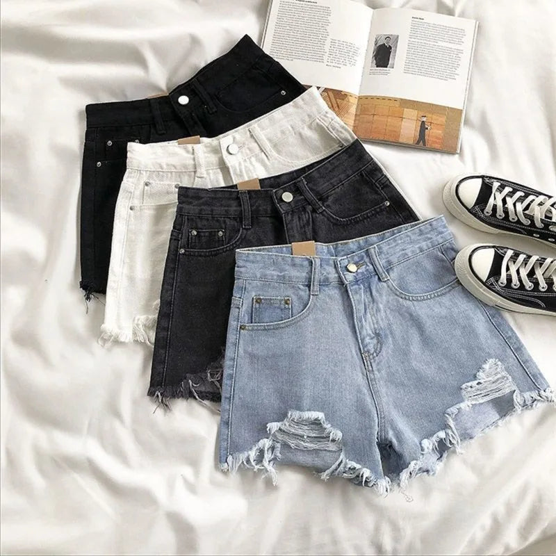 Korean Denim Holes Shorts For Women  Fashion High WaistWide Leg Short Jeans Female Designer Casual Street Short 2025 New Trend