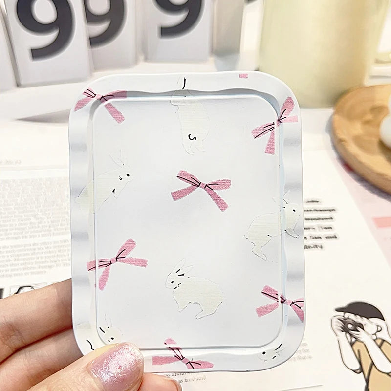 White Rabbit Bow Flip-Top Folding Makeup Mirror Portable Pocket Mirror Women Rectangle Cosmetic Make Up Mirror With Comb
