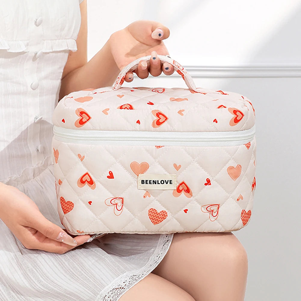 3pcs Aesthetic Cosmetic Organizer Set Quilted Cotton Sweet  Women Makeup Pouch Cherry/Heart Pattern Skincare Clutch Toiletry Bag