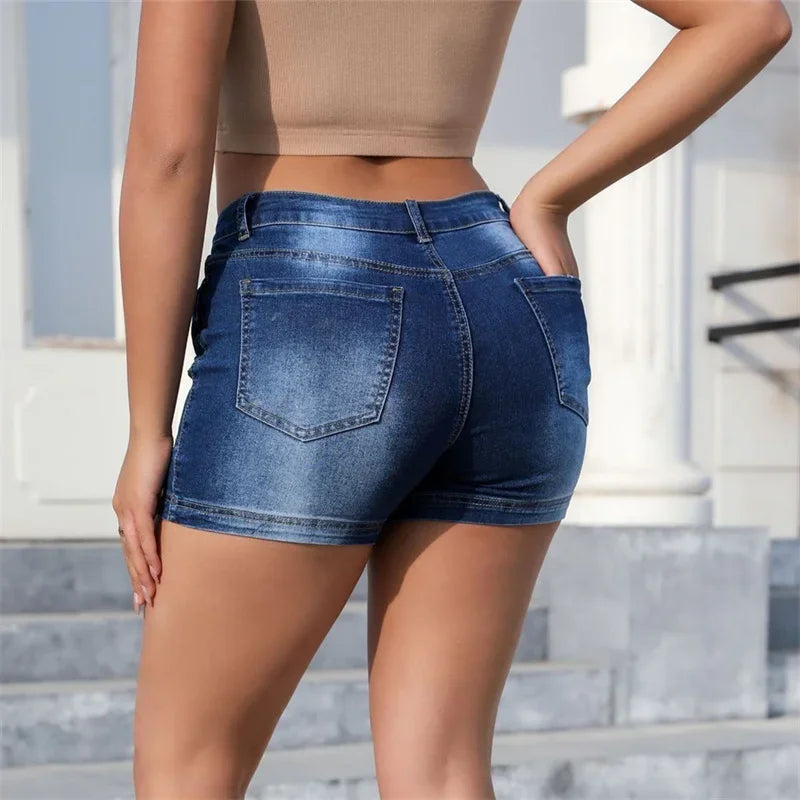 Women Workwear Pockets Patchwork Denim Shorts Female High Waist Slim Fit Three Quarter Pants Casual Commuter Straight Mini Jeans