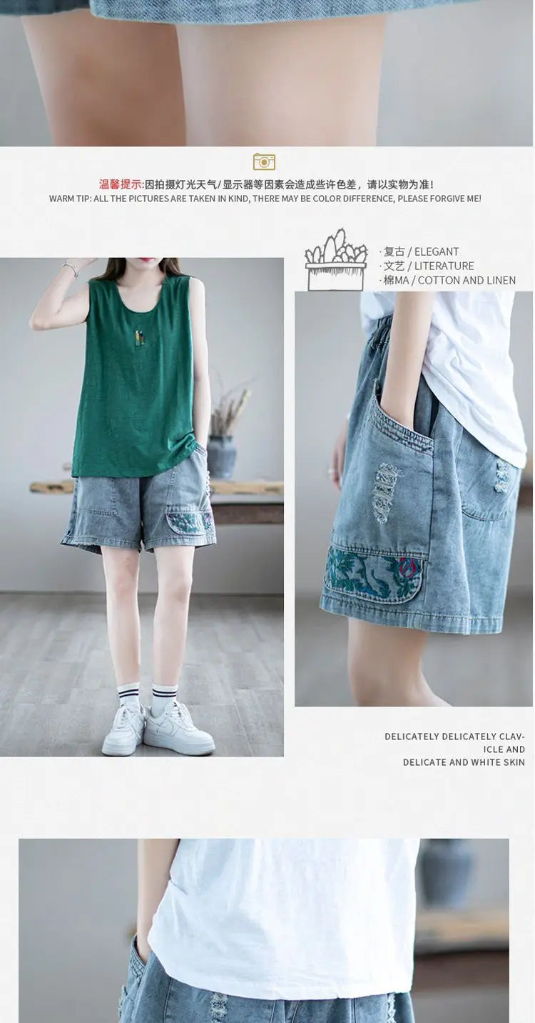 Fashion Korean High Waist Embroidery Denim Shorts for Female Summer Casual Pockets Spliced Loose Wide Leg Pants Women's Clothing
