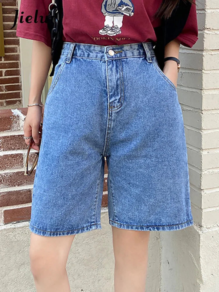 Jielur New Summer Women Vintage Wide Leg Straight Denim Shorts Streetwear Female Loose High Waist Retro Ladies Jeans Shorts