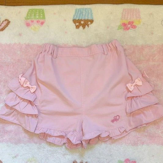 Pink Sweet Lolita Style Shorts Women Summer Kawaii Elastic Waist Ruffles Bow Short Pants Girl Japanese Y2k Aesthetic Cute Shorts