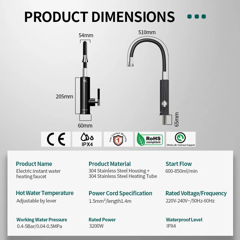 Briwellna Electric Faucet With Universal Spout Water Heater 220V Heating Tap Instant Water Heater Stainless Steel Faucet Geyser