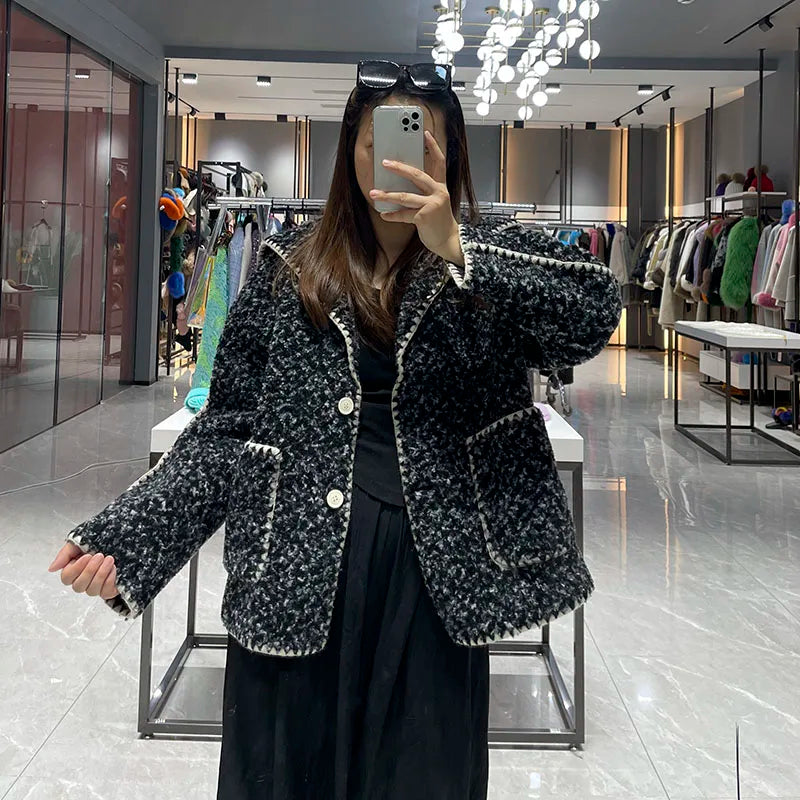 Women's Autumn Winter Coat Navy Collar Casual Fashion Thick Coat Faux Fur Jacket JFB14-24072