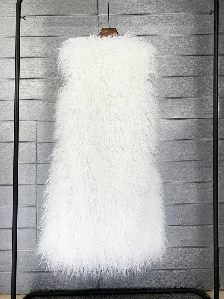 Winer Women Warm Faux Fur Plush Coats Mongolia Sheep Fur Women Long Vest Female Jacket Autumn Furry Sleeveless Outerwear 2024