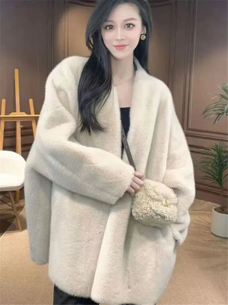 Faux Mink Fur Coat for Women, Open Stitch Jacket,V-Neck Outwear,Thick Furry,Autumn and Winter,New,2024