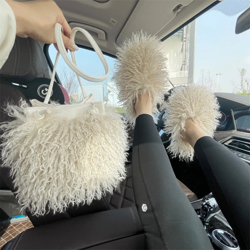 Luxury Colorful Tassels Furry Drawstring Bucket Bag Women Plush Handbag Harajuku Street Punk Y2k Hot Girls Faux Fur Shoulder Bag