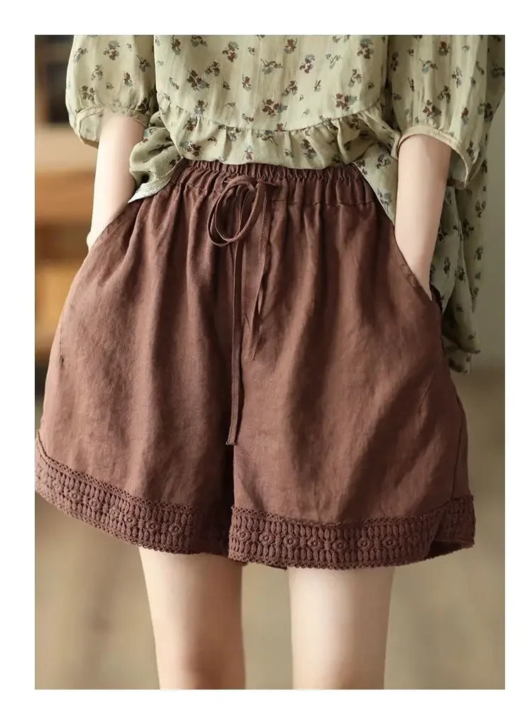 Cotton and Linen Shorts for Women Wearing Thin Mother Cotton and Linen Pants for Women Large Size Casual Linen Wide-leg Pants