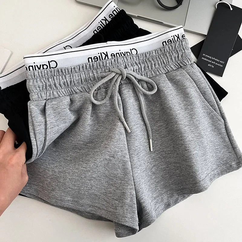 High Waist Drawstring Elastic Shorts Casual Sports Hot Pants Women's Summer New Letter Print Slimming Fake Two-Piece Pants