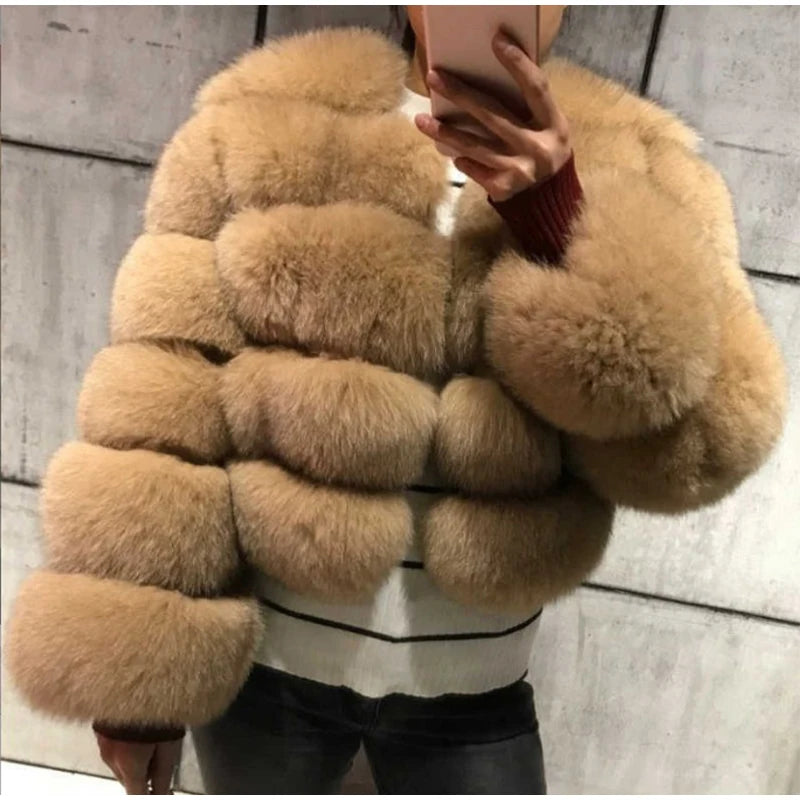 Fur Faux Jacket Women Coat Elegant Round Neck Long Sleeve Furry Female Coats 2024 Winter Fashion Lady Warm Solid Streetwears