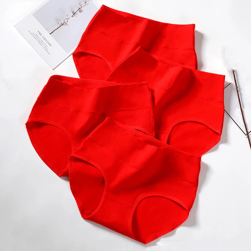 4Pcs/Set High Waist Cotton Panties Women Body Shaper Underwear Seamless Cute Girls Briefs Lucky Red Female Lingerie M-2XL