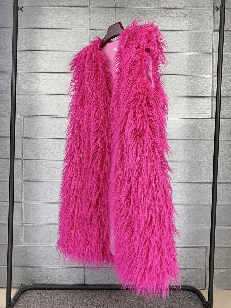 Winer Women Warm Faux Fur Plush Coats Mongolia Sheep Fur Women Long Vest Female Jacket Autumn Furry Sleeveless Outerwear 2024