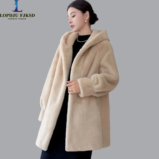 Faux Mink Fur Coat for Women,Covered Button Jackets,Hooded Overcoat,Female Clothes,Thicken Warm,Winter,New, 2025