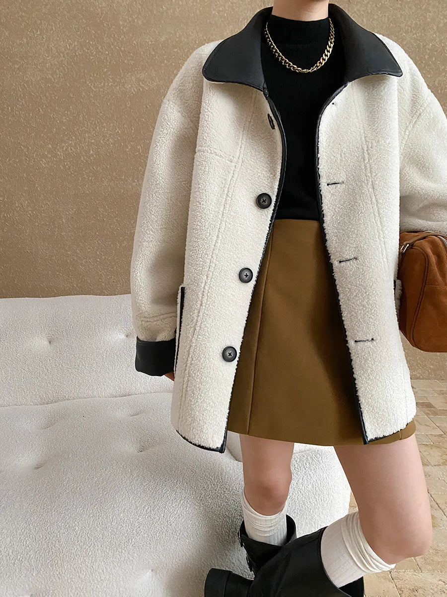 [LANMREM] Faux Fur Thick Warm Coats Lapel Single Breasted Office Lady Elegant Female Outwear Fashion 2025 Winter New 26C1095